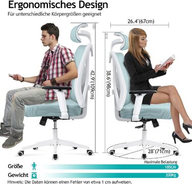 Ергономічне офісне крісло DoChair, висока спинка, 3D підлокітник, регульований, світло-блакитний