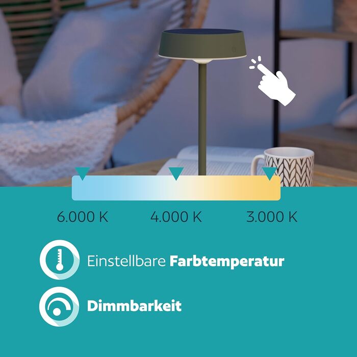 LED сонячна настільна лампа EGLO Simeri для вулиці, бездротова, акумуляторна, торкання, регулювання яскравості, IP54, металева, біла