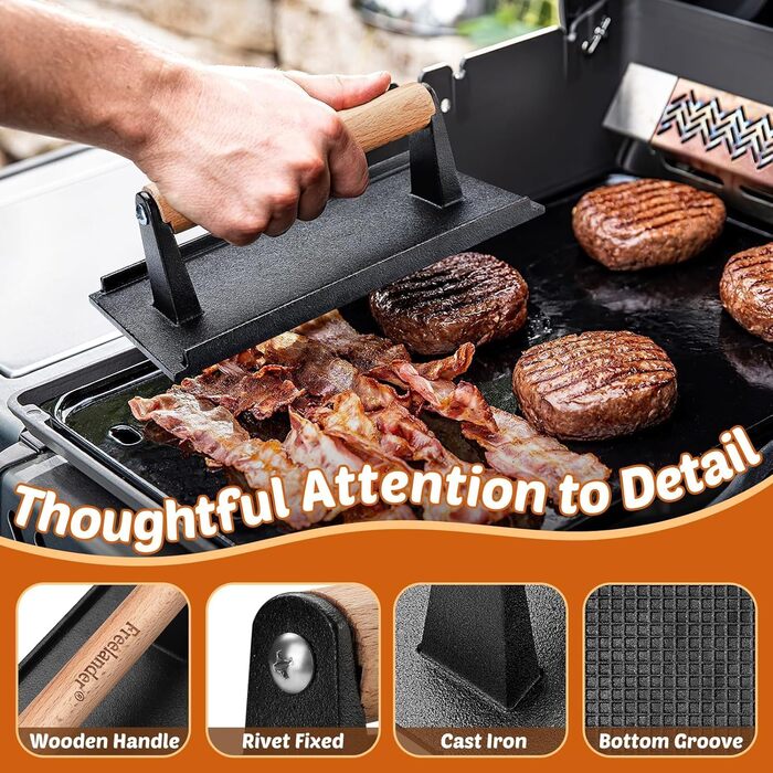 Пресс для бургерів Freelander з чавуну, набір для розчавлювання бургерів (Ø 17.6 см, 20.5 см), прес для гриля з термостійкою ручкою, великий бургерний прес для BBQ, стейків, сендвічів (чорний, прямокутний)
