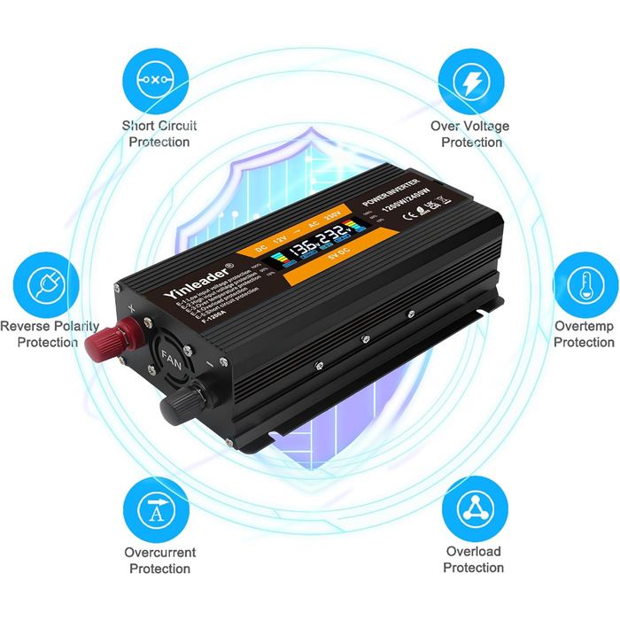 Інвертор напруги Yinleader 1200 Вт/2400 Вт 12 В 230 В Подвійний інвертор живлення USB з 1 розеткою та РК-дисплеєм, для автомобіля, каравану, човна, кемпінгу, подорожей