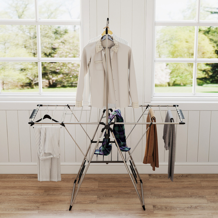 Сушилка для білизни складна, підлогова з регульованими крилами, тримачами для взуття, нержавіюча сталь, 156,5 x 68 x 192 см, срібляста