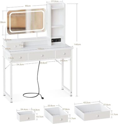 Трюмо ODK з регульованим LED-дзеркалом, туалетний столик з 4 висувними ящиками, USB-порт, білий колір, 100×40×140 см