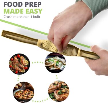 Преміум-прес для часнику Oliver's Kitchen® - зручний та легко миється - подрібнює часник та імбир без проблем (не потребує очищення) - надзвичайно міцний та зносостійкий (матова золота поверхня)