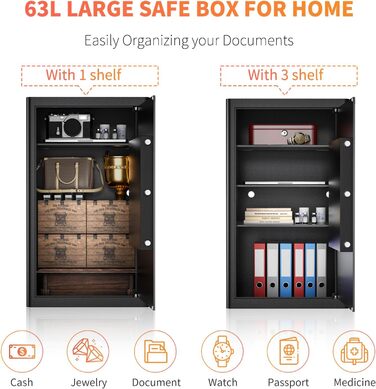 Safe Tresor з ключем WASJOYE: великий настінний сейф для грошей, ювелірних виробів, документів (45x35x31см, 67л)