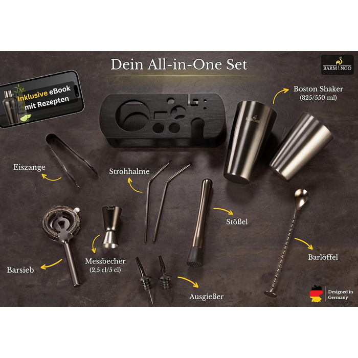 Набір для коктейлів з нержавіючої сталі 11 предметів – набір Boston Cocktail Shaker 825мл з підставкою та аксесуарами для бару, набір для бармена, набір для приготування коктейлів, барний набір, Boston Shaker, чорний металік