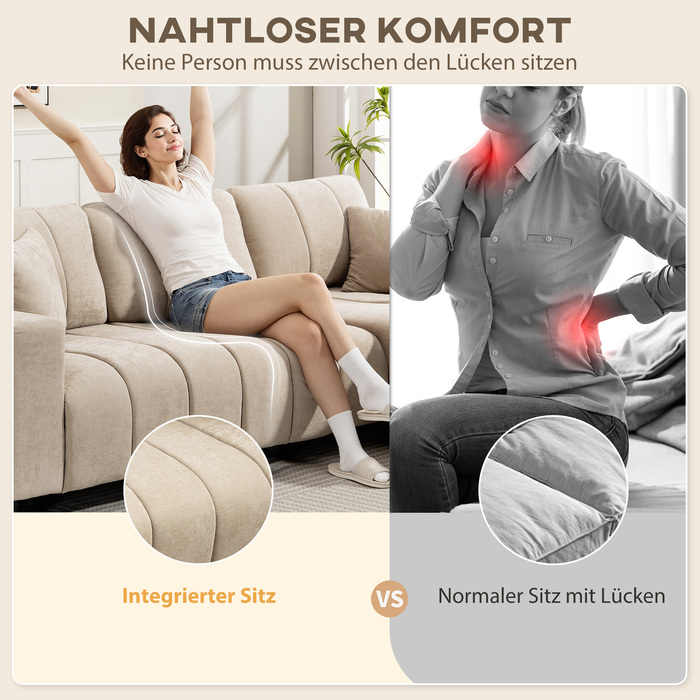 HOMCOM кутовий диван у формі літери L з регульованим шезлонгом, 3-місний диван з 2 подушками, металевий каркас, для вітальні, бежевий