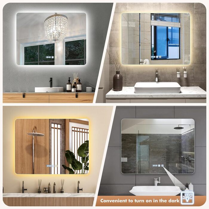 Дзеркало для ванної кімнати Sararoom з підсвічуванням, кругле LED дзеркало 600 мм, дзеркало для ванної кімнати з підсвічуванням, 3 кольори світла, регулювання яскравості, загартоване скло, функція пам'яті, запобігання запотіванню (прямокутне 80 x 60 см)