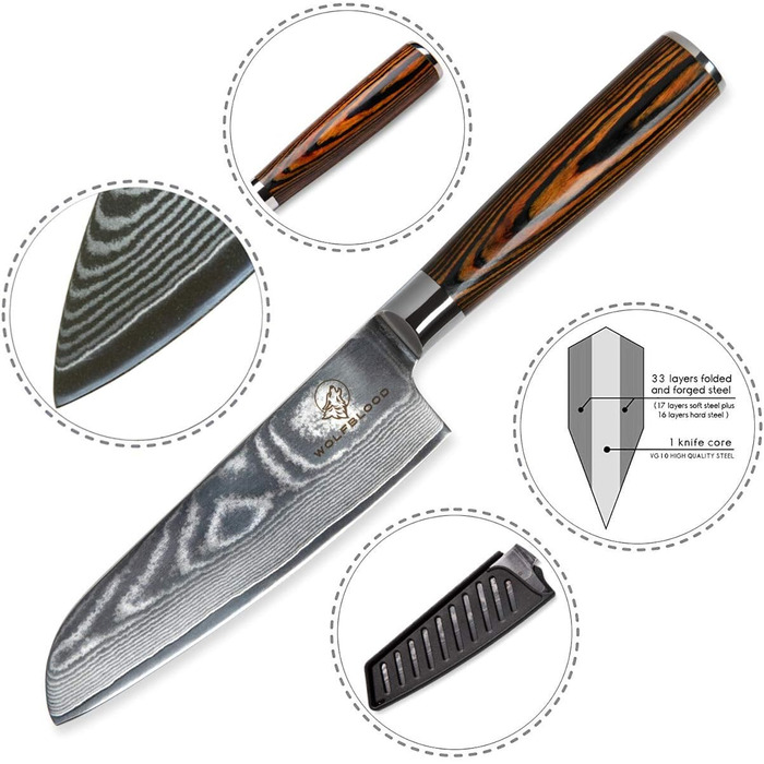 Ніж Santoku Wolfblood з дамаської сталі 67 шарів (24 см) - професійний кухонний ніж з дерев'яною ручкою, подарункова коробка та захист леза