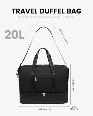 Спортивна сумка LOVEVOOK для жінок, дорожня сумка-валіза, дорожня сумка-мішок, сумка для подорожей, сумка для ручної поклажі в літак, сумка для пологового будинку, сумка для одягу з відділенням для взуття, косметичка, бежево-коричнево-чорна (чорна, 40x20x