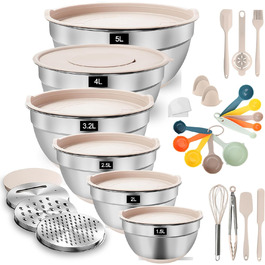 Набір міксерів YlYADl (31 предмет) - 6 нержавіючої сталі миски з кришкою та силіконовим дном (0.8-2.9L), стекові, 3 насадки-тертки