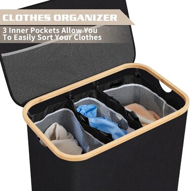 Кошик для білизни BRIAN & DANY з 3 відділеннями та кришкою, 145л, чорний