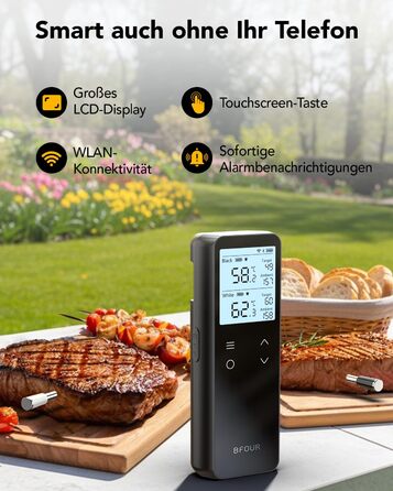Бездротовий термометр для м'яса BFOUR BF-80 з Bluetooth та Wi-Fi, 2 зонди, 6 сенсорів, IP67 водонепроникний, сенсорне управління, APP-керування, термометр для приготування BBQ, духовки та гриля