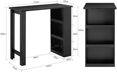Стільниця-барний стіл SoBuy з 3 полицями, 112x106x57 см, чорний. Підходить для кухні, вітальні, офісу. Модель FWT17-II-SCH