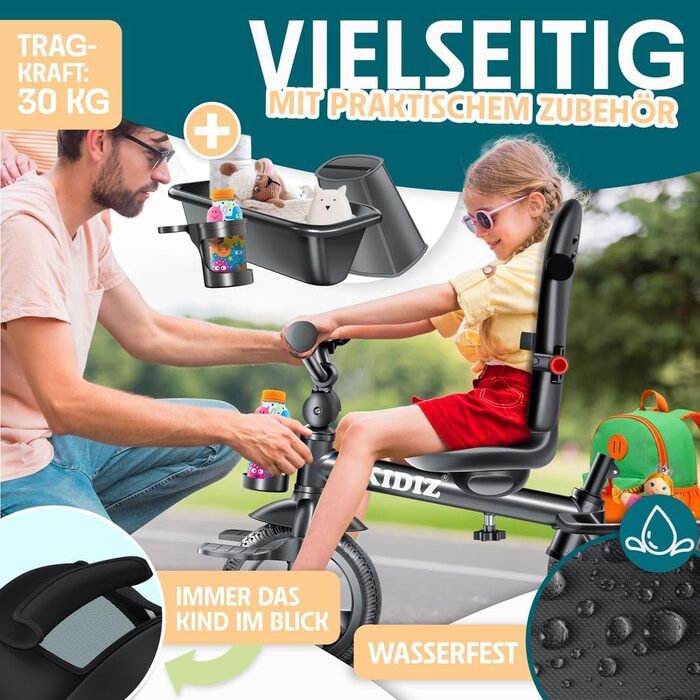 Триколісний велосипед KIDIZ 6-в-1 з ручкою, кошиком, сонцезахисним козирком до 25 кг (Чорний)