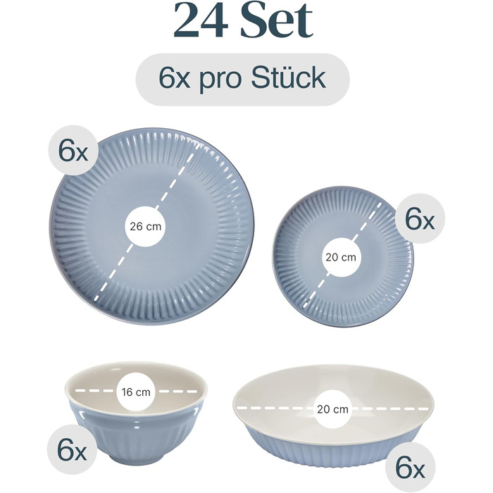 Набір посуду Steingut Hygge 24 елементи (6 осіб), сіро-блакитний колір, преміум якість, комплект посуду для сервірування столу
