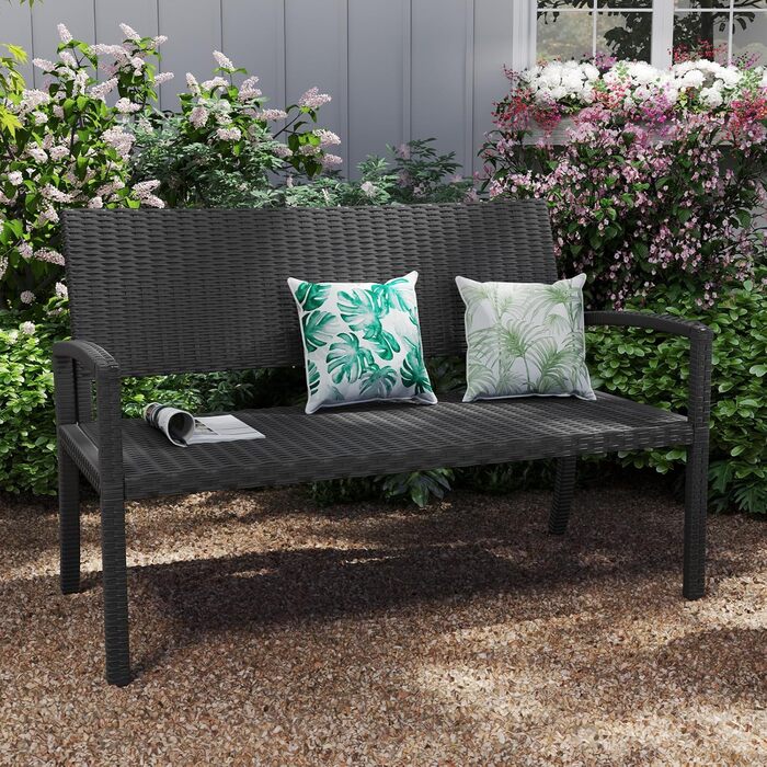 Садова лавка Udpatiо з ротангу для тераси, балкона та саду, чорна 123x63x86 см, витримує до 320 кг