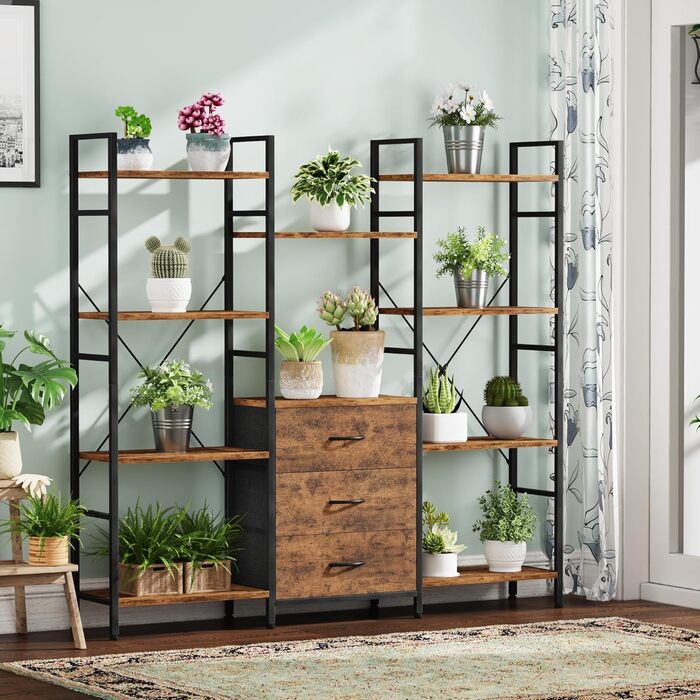 Стильна полиця-стеллаж з 4 висувними ящиками з тканини, 100W x 142Hcm, для книг, кухні, вітальні, офісу, балкону, в індустріальному стилі (4 яруси, 120cm, рустикальне дерево)