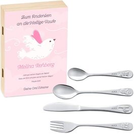 Набір дитячого столового прибору Maverton Kinderbesteck з гравіюванням + дерев'яна коробка з надруком - з тваринами - з нержавіючої сталі - коричневий - подарунок для дівчинки на день народження, хрещення, народження - різдвяні подарунки - плюшевий ведмедик (голуб)