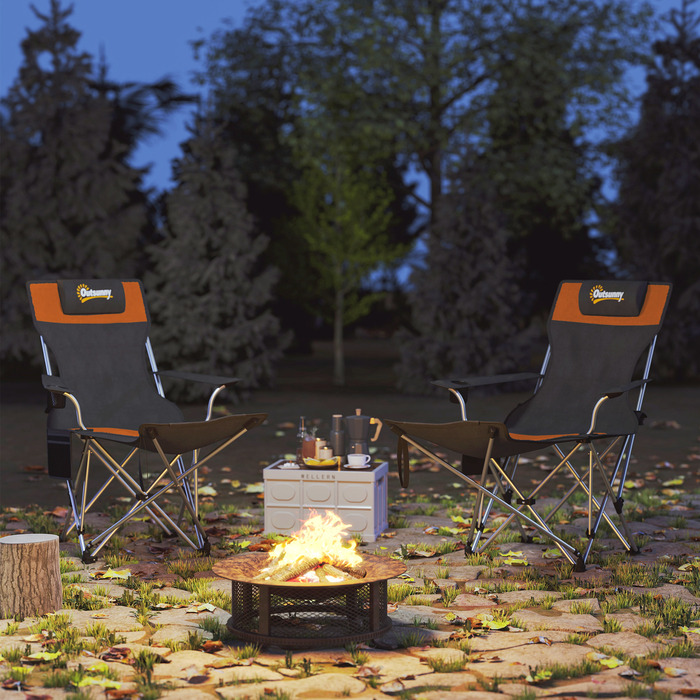 Набір з 2-х розкладних туристичних стільців для кемпінгу та риболовлі з знімною підніжкою та тримачем для напоїв, витримує до 120 кг, помаранчевого кольору.