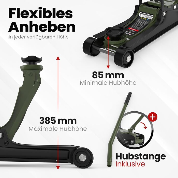 Гідравлічний домкрат Wagenheber 2.5T низькопрофільний для легкових авто та авто з низькою посадкою, зелений оливковий, до 2500 кг, з кейсом та 3 гумовими накладками