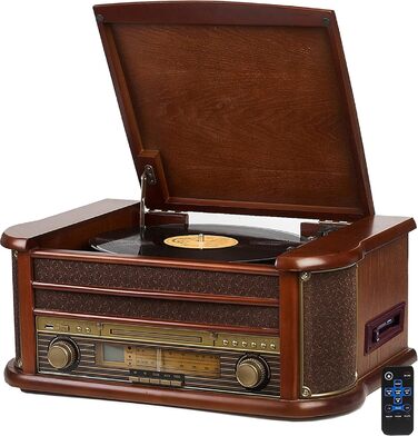 Ретро музичний центр Nostalgie з Bluetooth, касетною декою, CD/MP3/USB програвачем, радіо, програвачем вінілових платівок, AUX IN, записом MP3 та пультом