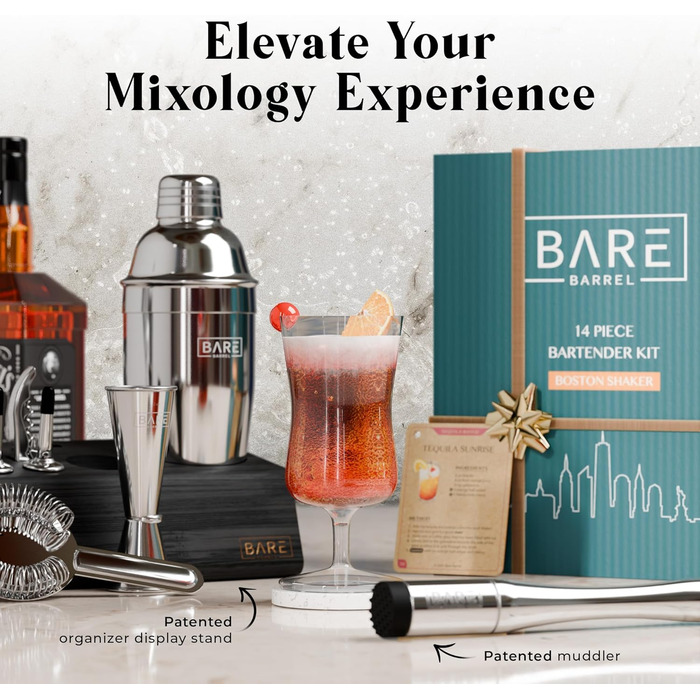 Набір для бармена Pro Mixology: 14 предметів, шейкер Cobbler 24oz, бамбуковий підставка, рецепти коктейлів. Подарунок для дому