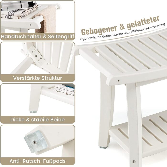 Двомісна душова лавка COSTWAY з полицею, 170 кг, біла. Душовий стільчик для дорослих та літніх людей, 60,5 x 34 x 48 см