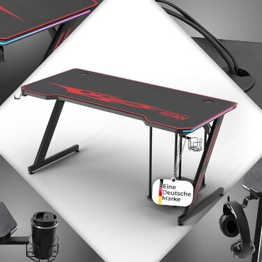 Ігровий стіл MY SIT Titan 140 см з підсвічуванням LED, тримачем для навушників, тримачем для ПК та напоїв, кабельною організацією, чорний