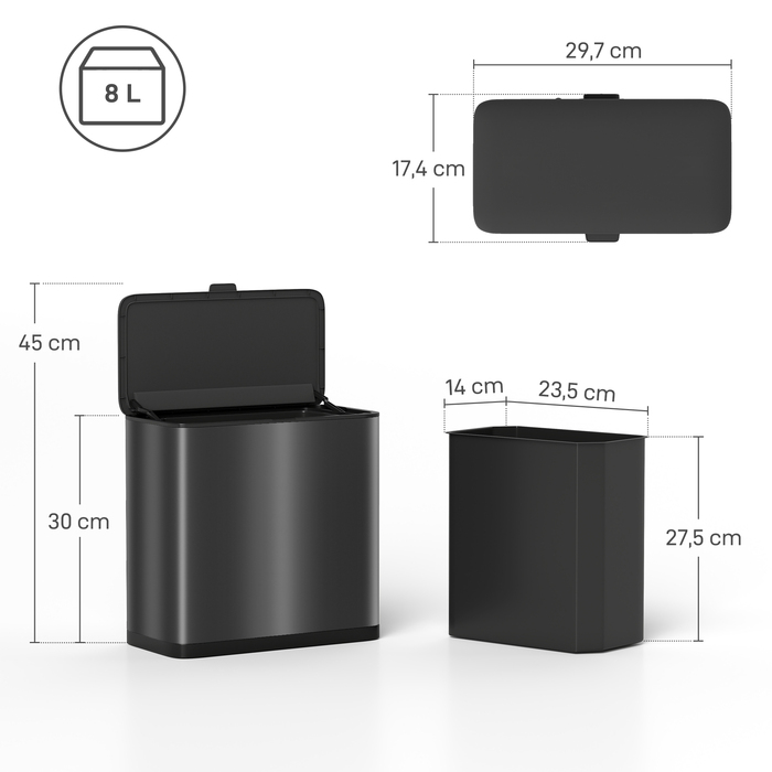 Відро для сміття HOMCOM, 8 л, може бути встановлене як на підлозі, так і підвішене, нержавіюча сталь, чорний