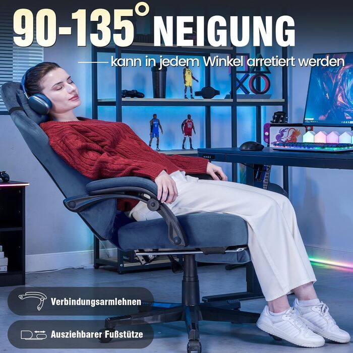 Ігровий крісло GTPLAYER з тканини, ергономічний офісний стілець для ПК, витримує до 150 кг, регульований та обертовий, з пружинним сидінням та підставкою для ніг, зелений (блакитний)