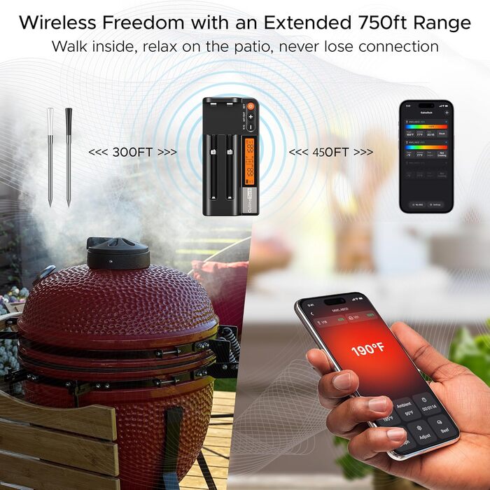 Бездротовий термометр для м'яса з Bluetooth, моніторинг через додаток з сигналом тривоги, IPX7 водонепроникний, велика дальність, мультисенсор, смарт-термометр для гриля (2 зонди, чорний)