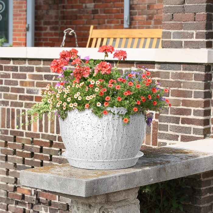 Великі горщики для квітів 3 шт. (30.5x25.4x25.4x22.9 см) з водозливами, білі з чорними крапками, для дому та саду