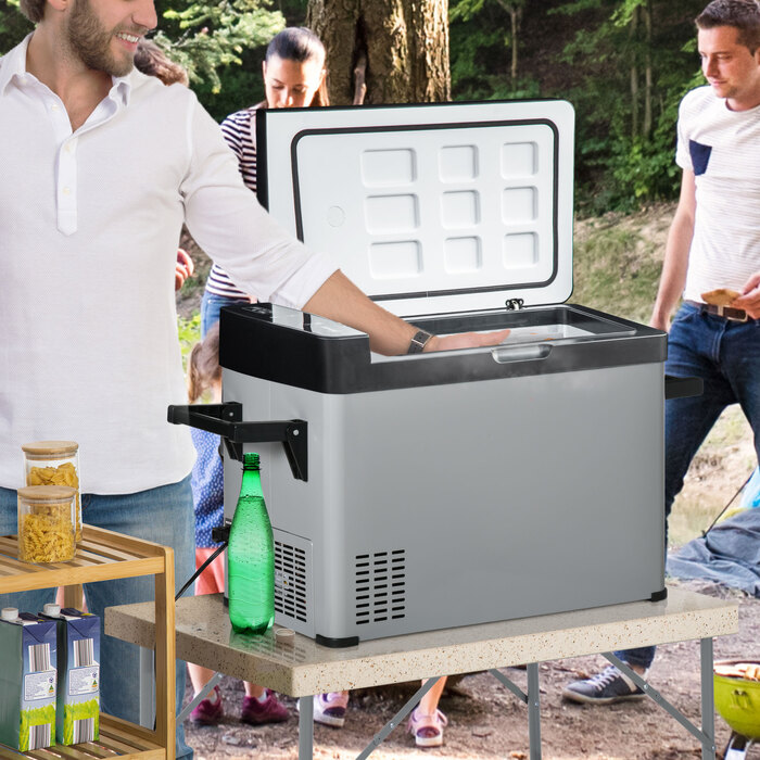 Холодильник автомобільний Outsunny Kühlbox 50L з LCD-дисплеєм, 2 режими роботи, компресорний, з ручками, для кемпінгу, подорожей на човні, 12/24V DC та 110-240V AC, сірий+чорний