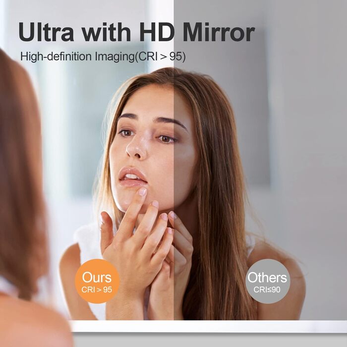 Дзеркало для ванної кімнати Furduzz LED, 70x50 см з підсвічуванням, сенсорним вимикачем, 3 кольори світла, регулювання яскравості, антизапарник, пам'ять налаштувань