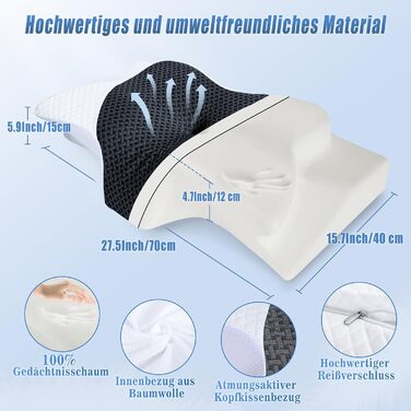 Подушка для шиї Saheyer з Memory Foam, ергономічна ортопедична подушка для сну на боці, покращує якість сну, 70 x 40 x 15/12 см, з чохлом білого та вугільно-сірого кольорів