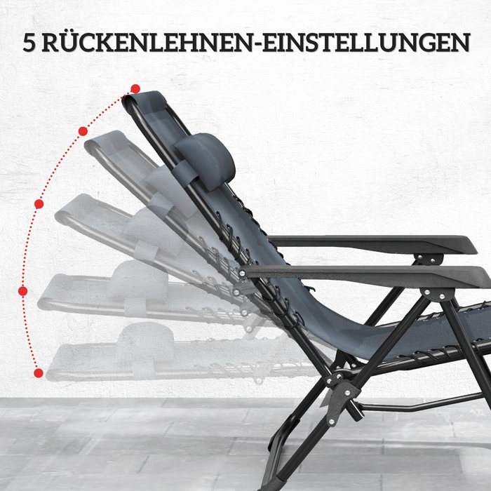 Набір із двох лежаків для відпочинку на сонце, розкладні, з регулюванням під кутом напівлежання (Zero Gravity), з підголовниками та столом-табуретом, що входить до комплекту, та двома тримачами для напоїв.