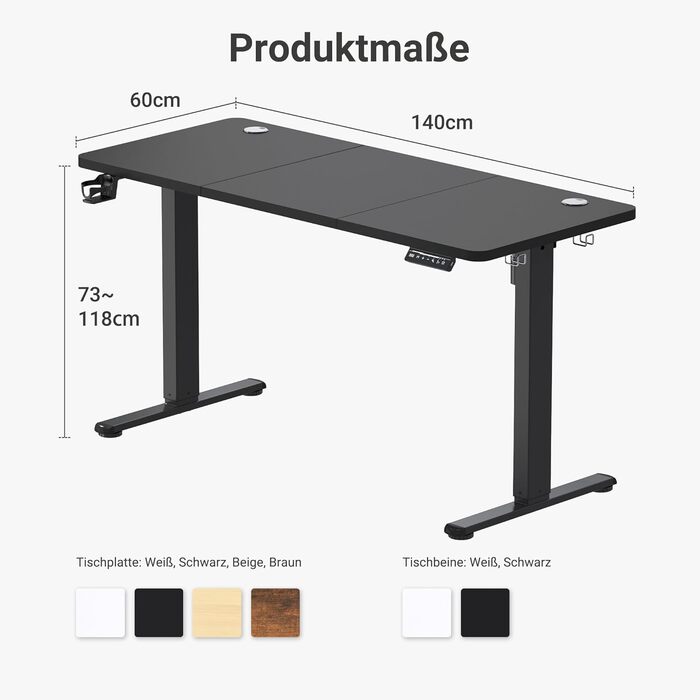 Регульований стіл для роботи з USB-C зарядкою 140 x 60 см, функція пам'яті. Стабільний електричний стіл, стоячий/сидячий, офісний, чорний.