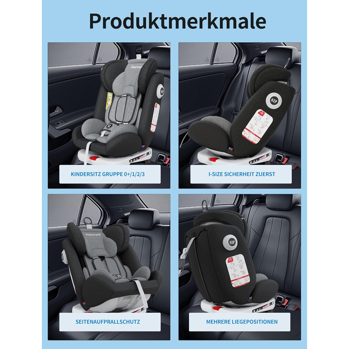 Автокрісло Fourward для дітей 0-36 кг, 360° обертання, ISOFIX, 5-точкова система безпеки, чорний колір