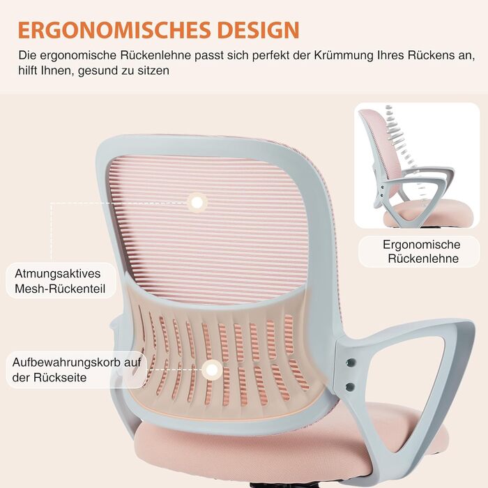 Офісний стілець Sweetcrispy з регульованими підлокітниками, ергономічний, з підтримкою попереку, регульована висота, поворотний на 360°, з м'яким сидінням, чорний (рожевий, фіксовані підлокітники)