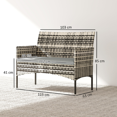 Двомісний ротанговий садовий диван з PE-ротангу для вулиці та тераси з подушками, антиковзними підкладками, сталевим каркасом, світло-сірого кольору