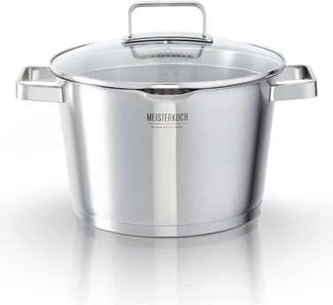 Каструля Meisterkoch з нержавіючої сталі 16 см Ø | з виливом, мірною шкалою та ізольованою ручкою | 1 скляна кришка з дрібним та великим ситом | посуд з нержавіючої сталі, підходить для індукційних плит (24 см)