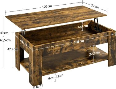 Журнальний столик Yaheetech з регульованою висотою та прихованим місцем для зберігання, колір: іржавий коричневий (120 x 59 x (49,5-63,5) см)