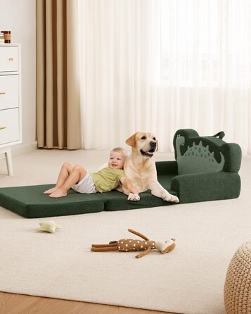 Дитяча крісло-диван Blissful Diary Kindercouch 2-в-1 з динозаврами, зручне, темно-зелене