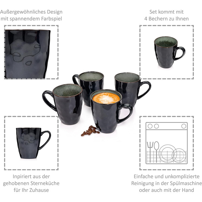 Набір кавових чашок SÄNGER Kopenhagen 8 шт., кавовий сервіс на 4 особи, чашки та блюдця, безпечні для миття в посудомийній машині, з кераміки, сірий колір з зеленою внутрішньою стінкою, 200 мл | PREMIUM COLLECTION