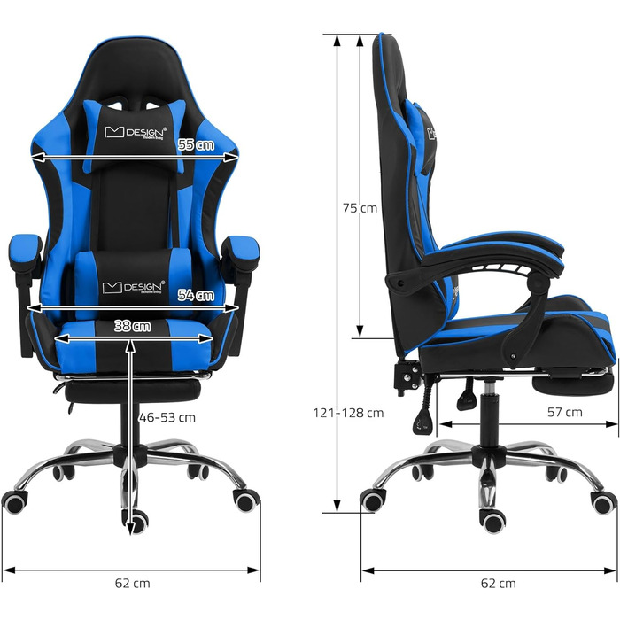 Масажне ігрове крісло ML-Design, PU шкіра, ергономічне офісне крісло, регульоване поворотне крісло, гоночне геймерське крісло з підлокітником, підголівник, поперекова подушка, підставка для ніг, стілець Крісло (чорно-синій)