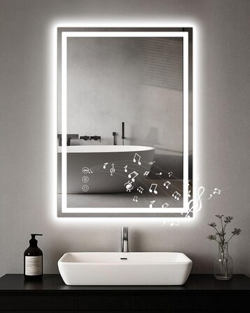 Дзеркало для ванної кімнати Habison з підсвічуванням LED, 50x70 см, сенсорне керування, димування, 3 колірні температури, функція пам'яті, проти запотівання, Bluetooth, матова центральна частина