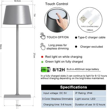 LED-лампа MU LIN Lampada-841: торшери з сенсорним керуванням, USB-C, для дому та офісу, IP54, сріблястий, 1 шт.