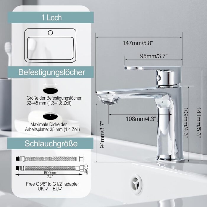 Набір змішувачів для ванної кімнати Belz, латунь, змішувач для раковини з однією отвором, гаряча та холодна вода, сірий (хром)