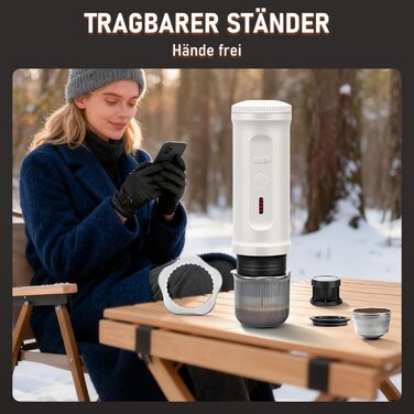 Портативна кавомашина ICARE з акумулятором, 2-в-1 для капсул NS та меленої кави, самонагріваюча, USB-C, індикатор заряду, для кемпінгу, подорожей та в дорогу (білий)