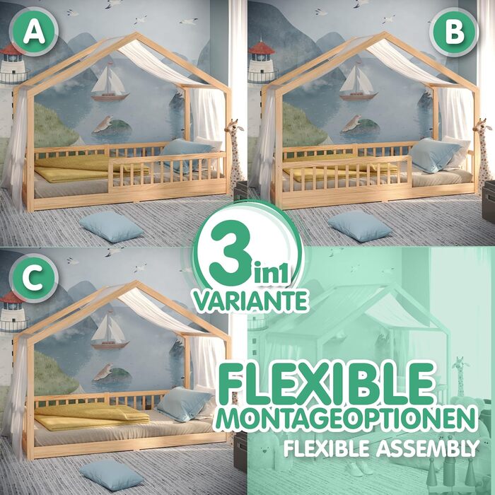 CADANI Мальте - ліжко-будиночок для дітей 120x200 см, біле, Montessori з бортиками, трансформується, з ламелями, до 200 кг, білий (90 x 200 см, натуральний)